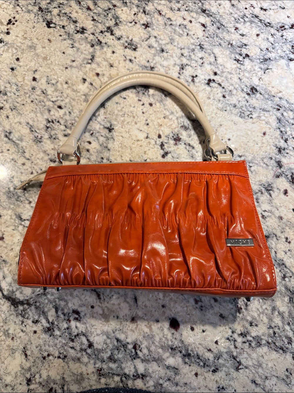 Orange Gathered Faux Leather Shoulder Bag with Cream Handle